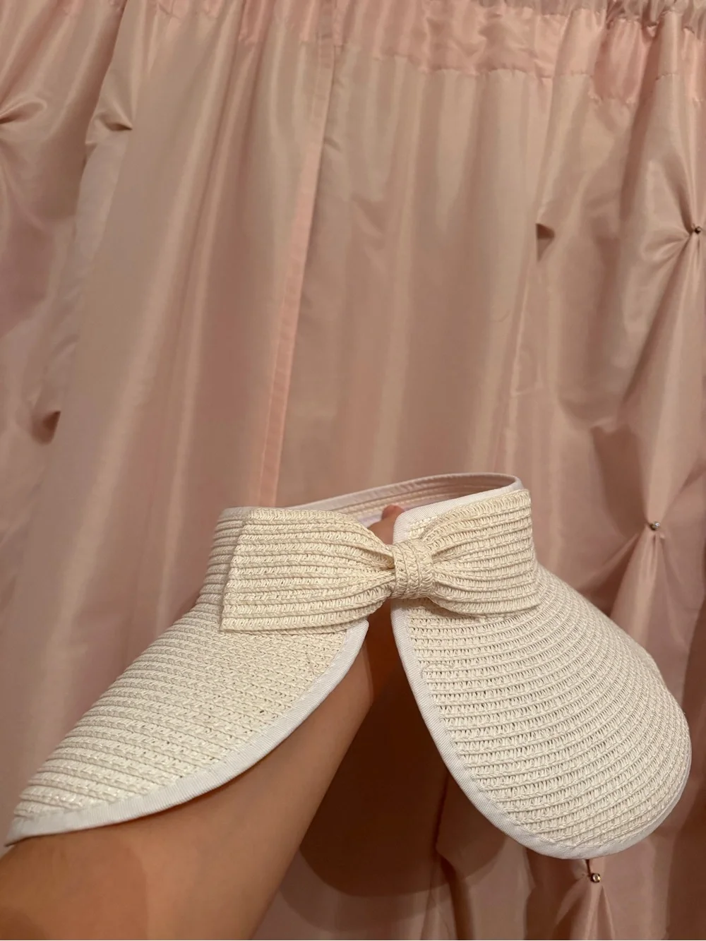 White sun hat visor open top bow back Velcro closure adjustable packable